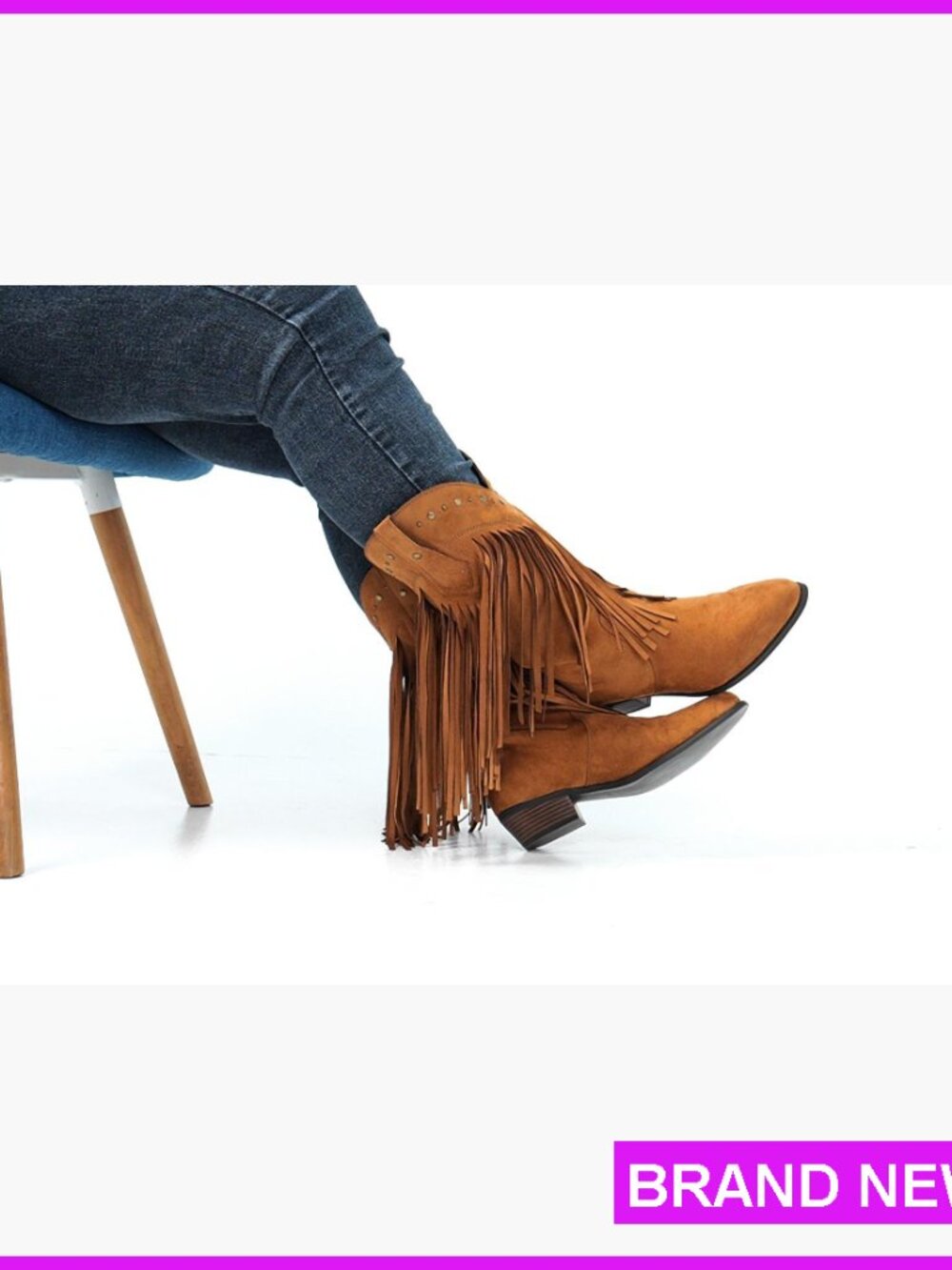 Western Cowgirl Boots Wide Calf Fringe Tassel Mid-Calf Boots Chunky Heel - Picture 7 of 7